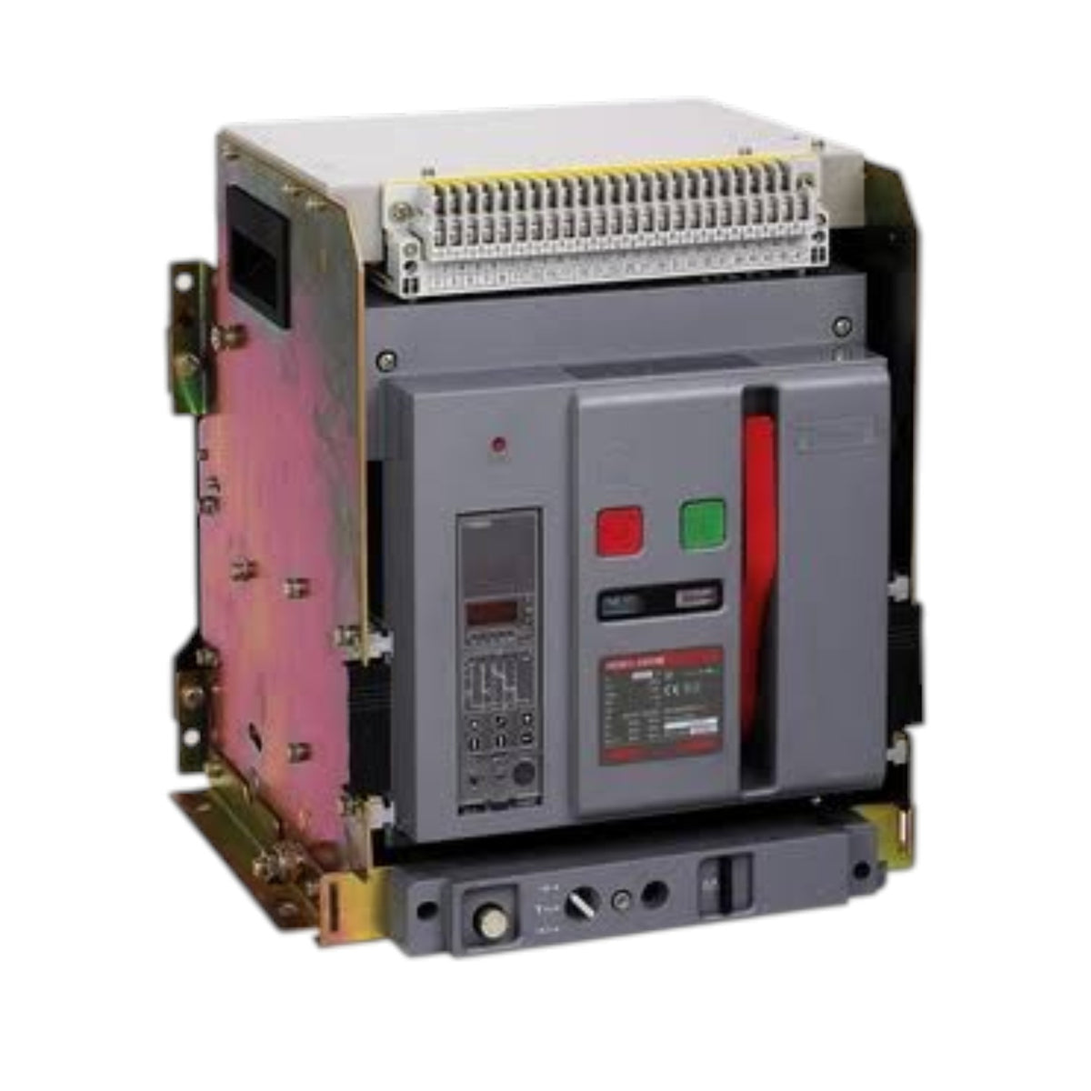 An industrial electrical circuit breaker or relay module with a gray front panel, red and green buttons, a digital display, and a white terminal block at the top, shown on a plain white background.