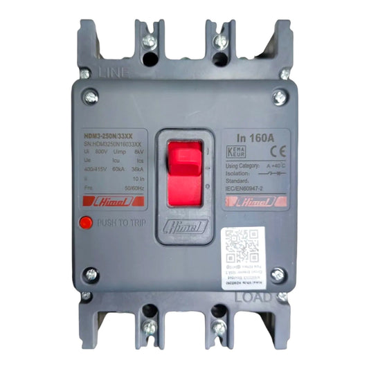A Himo electrical circuit breaker with a gray plastic housing, a prominent red central switch, and technical specifications printed on the front, isolated on a white background.