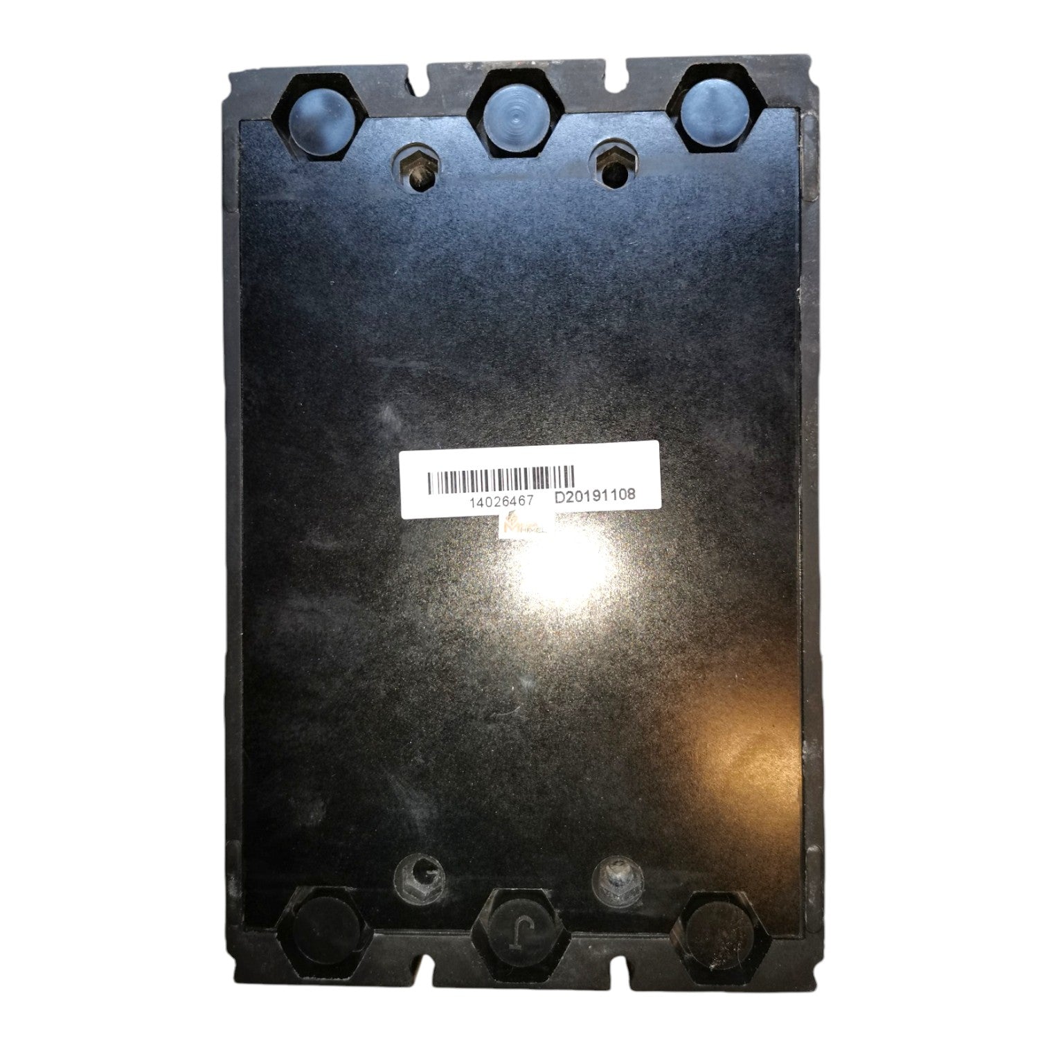 A black industrial metal housing or enclosure with pre-drilled terminal holes and a white barcode label in the center, shown against a plain white background.