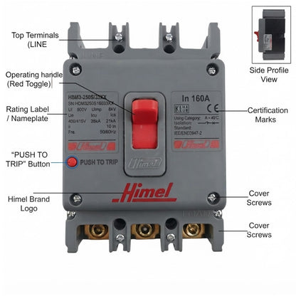 A technical product diagram of a Himel electrical contactor, showing the main unit with callout labels pointing to features such as top terminals, the operating handle, rating label, certification marks, and cover screws. A small inset at the top right shows the side profile view.