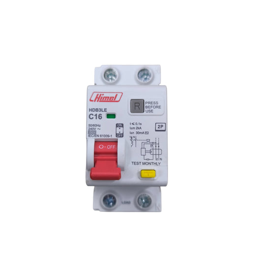 Circuit breaker with red and yellow buttons on a white background