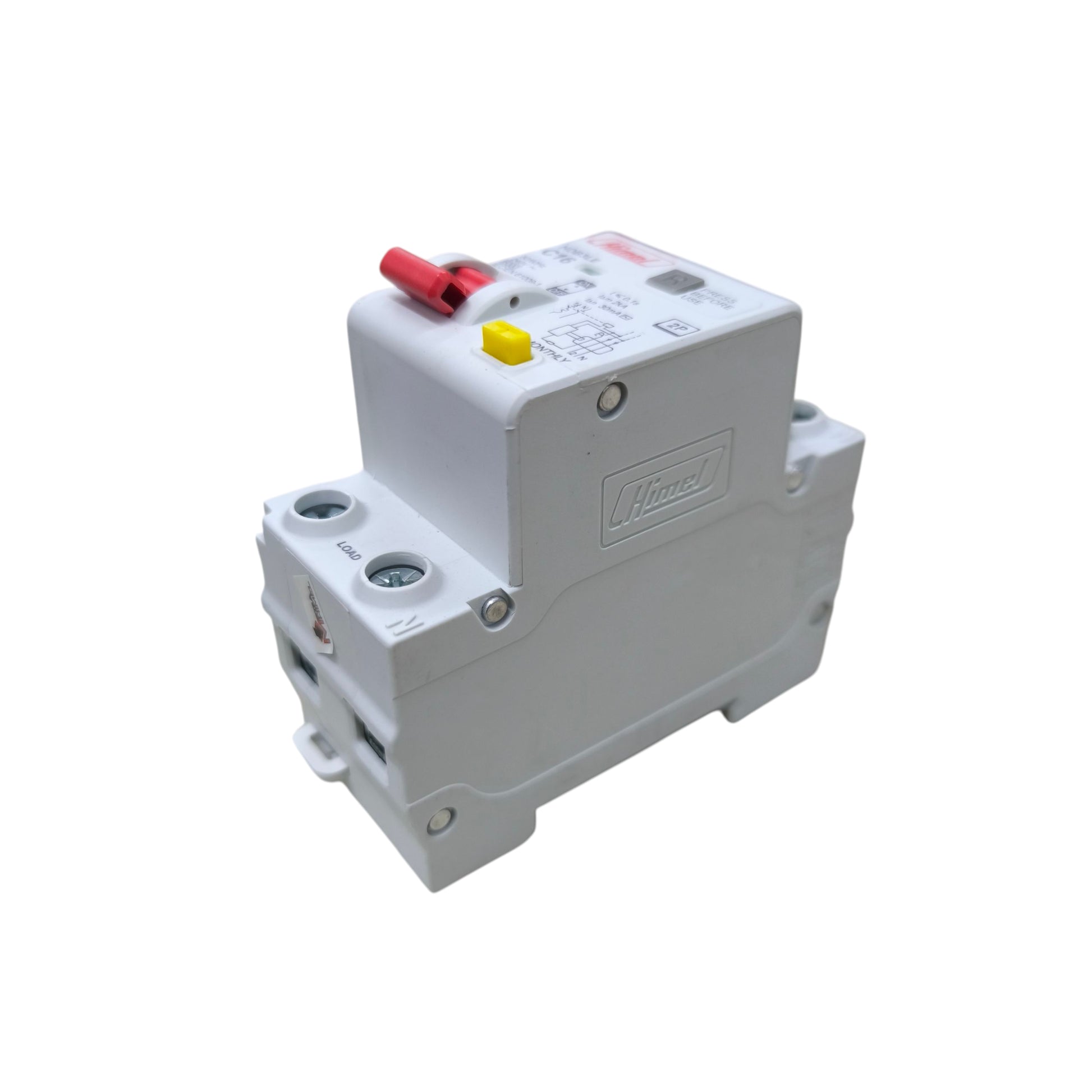 Electrical circuit breaker with red and yellow labels on a white background
