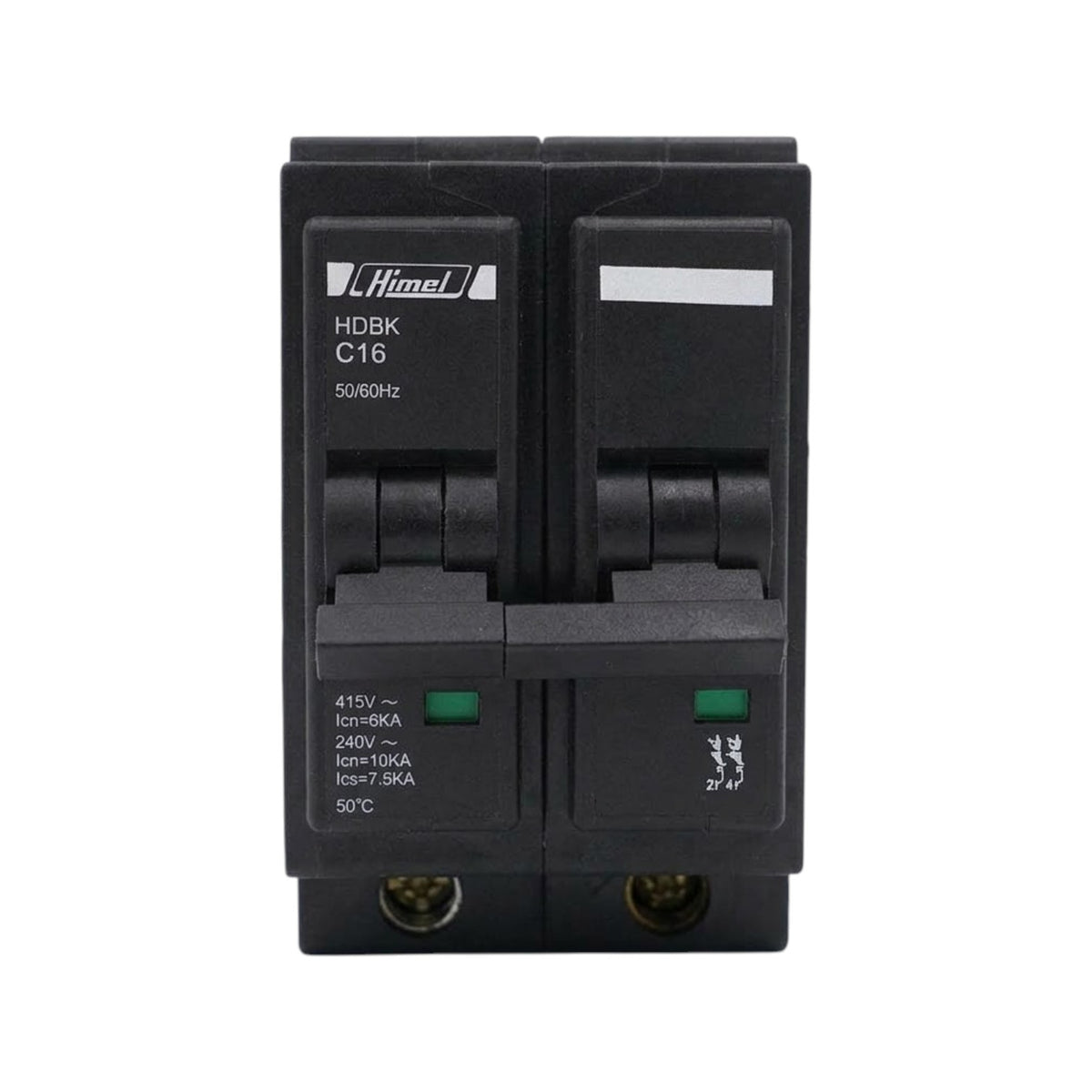 A black Hinkel HDBK C16 50/60Hz dual-pole circuit breaker shown against a plain white background.
