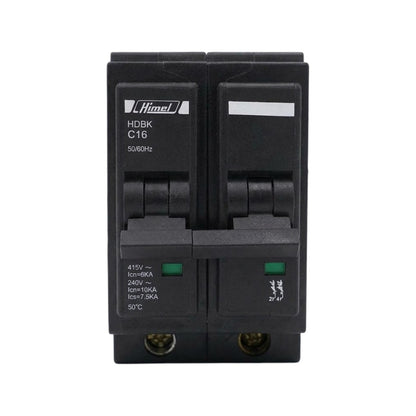 A black Hinkel HDBK C16 50/60Hz dual-pole circuit breaker shown against a plain white background.