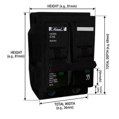 A black HimaL HDBK C16 circuit breaker shown with dimension annotations for height, total depth, and total width on a white background.