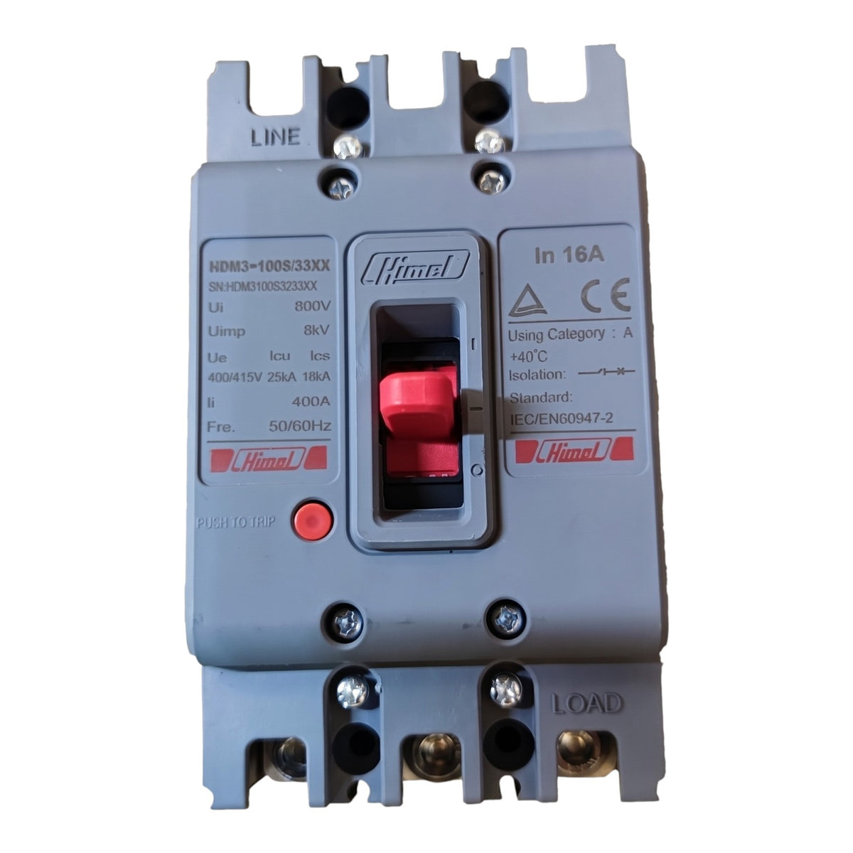 A Himmelfrund electrical contactor with a gray plastic housing, featuring a red central switch and red terminal blocks, photographed on a white background.