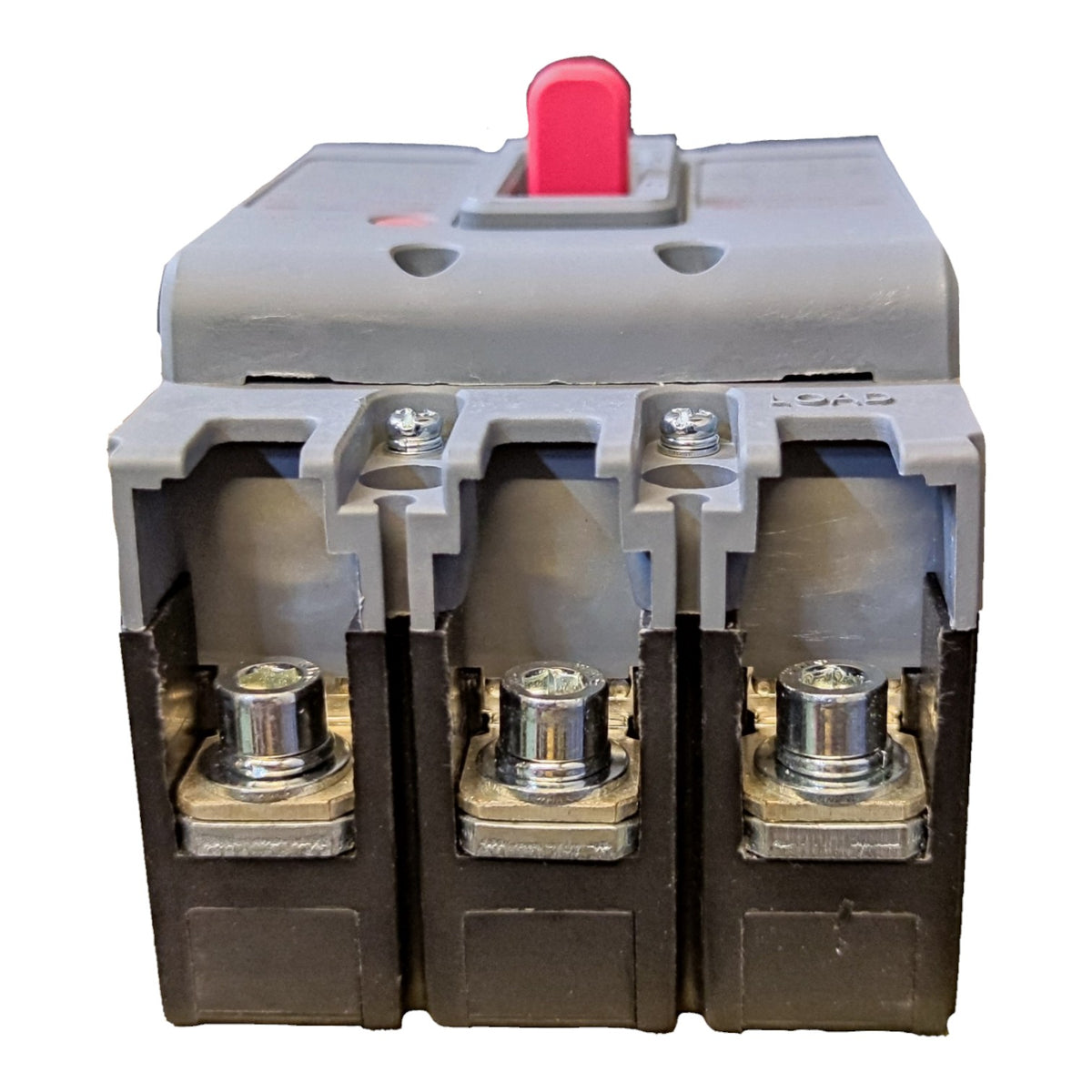 A three-terminal electrical contactor or relay component with a gray top housing, black lower body, and a red terminal lever, shown on a plain white background.