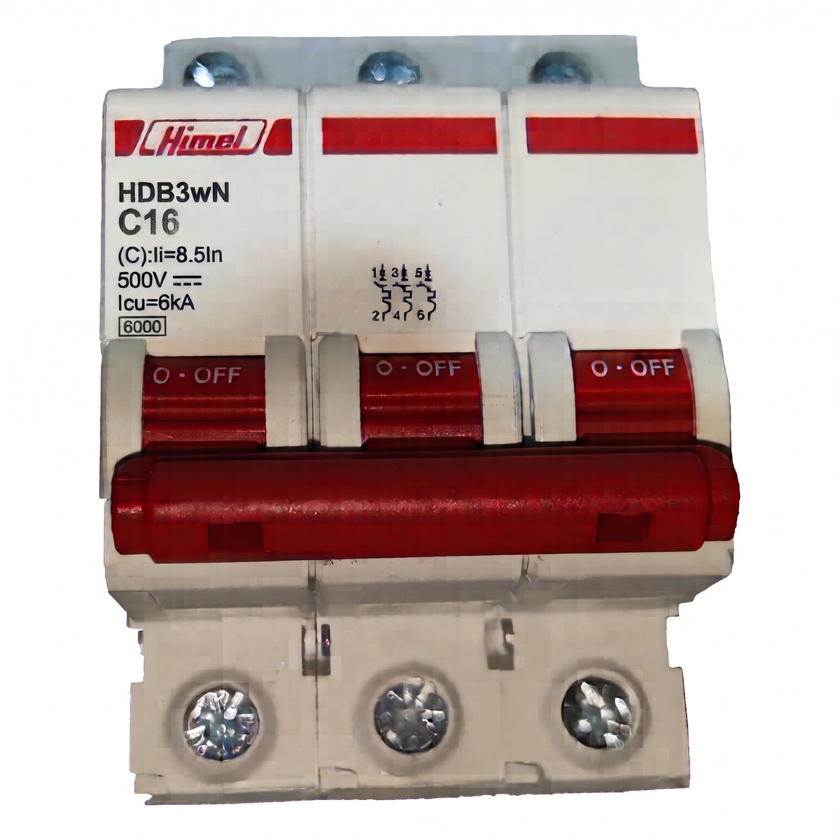 A Himek HDB3WN C10 miniature circuit breaker with a red handle and white plastic casing, shown on a plain white background.