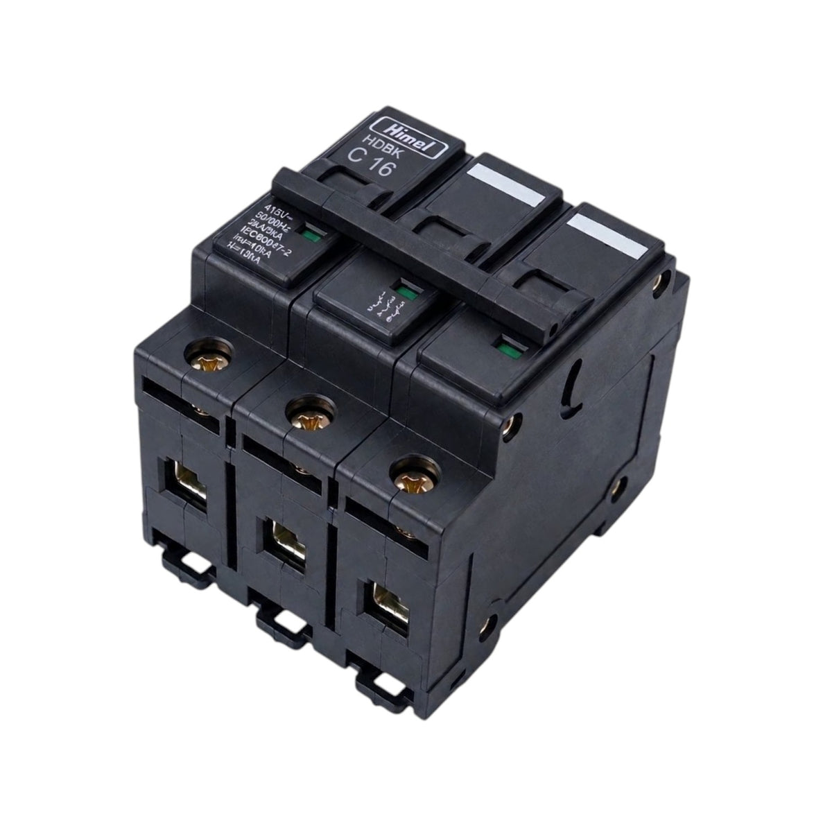 A black three-pole circuit breaker with a 16A rating, featuring molded plastic components and terminal connections, shown on a plain white background.