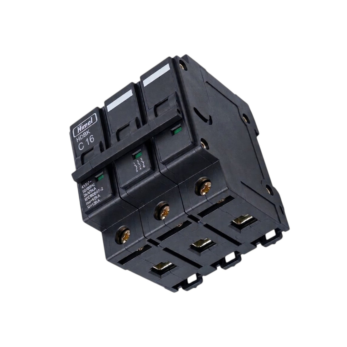 A black 3-pole electrical circuit breaker with gold-colored screw terminals, featuring a molded plastic housing and a white brand label that reads 'Murr Elektronik'.