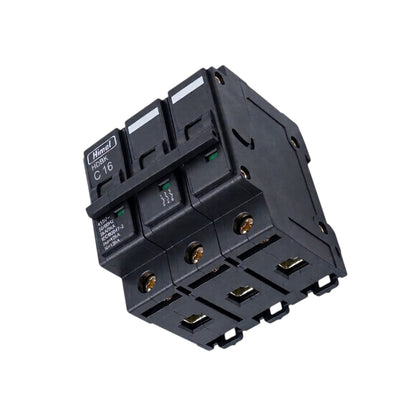 A black 3-pole electrical circuit breaker with gold-colored screw terminals, featuring a molded plastic housing and a white brand label that reads 'Murr Elektronik'.