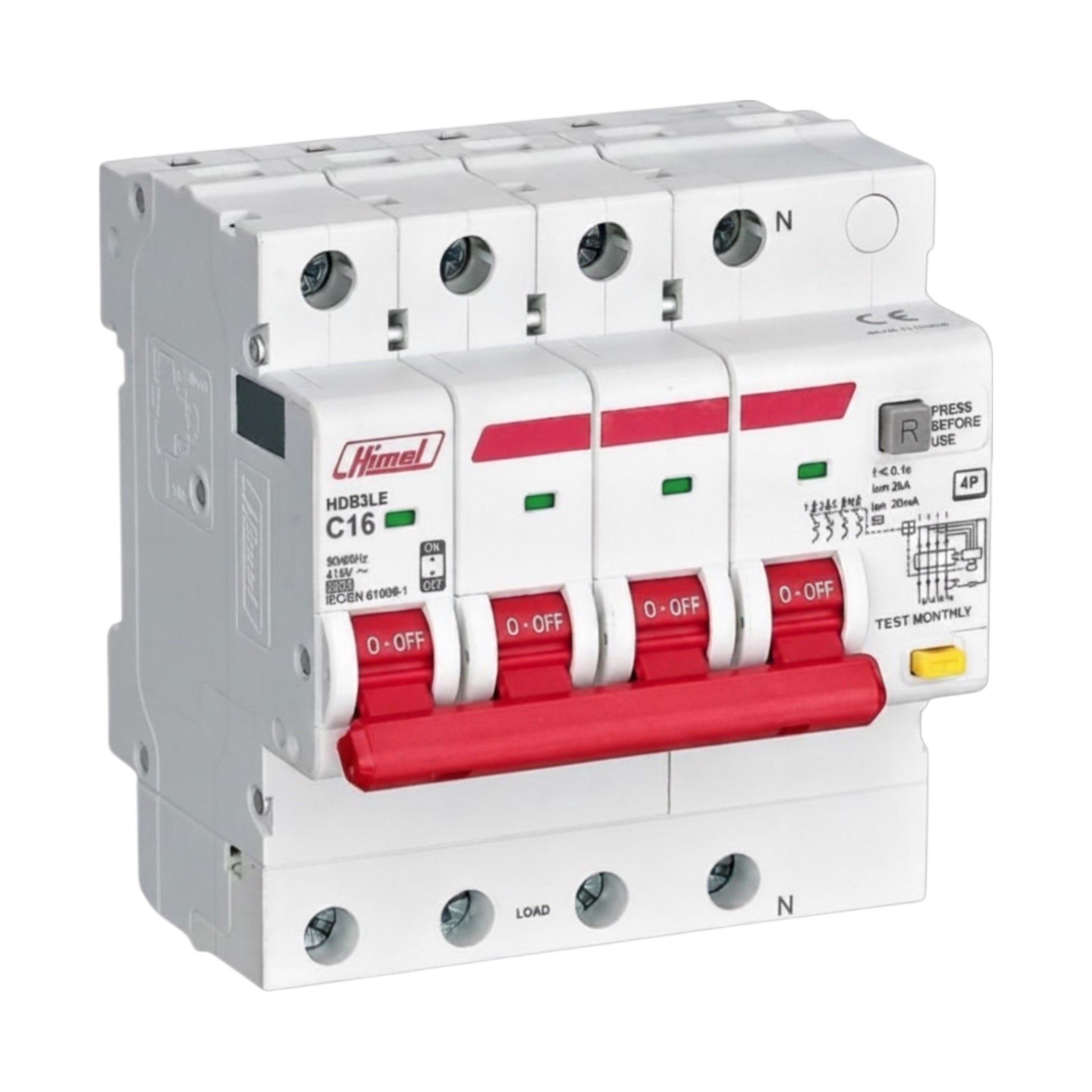 A Hamel modular electrical circuit breaker, model C16, featuring a white plastic housing with red trip handles and red accent stripes, shown on a plain white background.