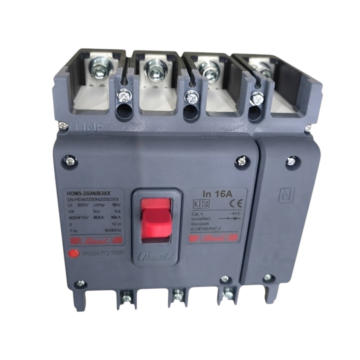 A three-pole industrial electrical circuit breaker with a gray plastic housing, featuring a red trip switch and terminal connections on a white background.