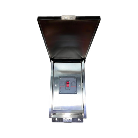 A stainless steel industrial hopper or feeder unit with an open dark lid and a control panel featuring a red switch, shown against a plain white background.