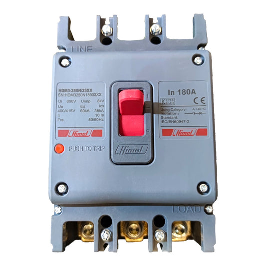 A Himmelfrund HMD3-250N33XXX industrial circuit breaker with a gray plastic housing, a red central switch, and brass terminal connections on a white background.