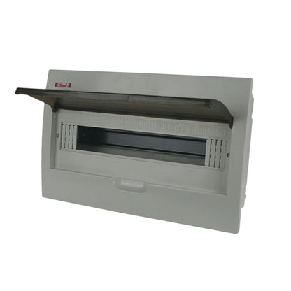 A light gray plastic electrical distribution board cover with its hinged lid open, showing the internal compartment and terminal slots, photographed on a solid white background.