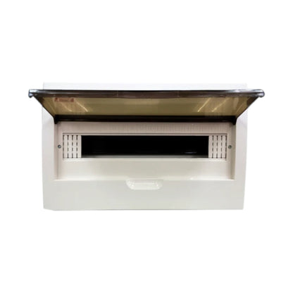 A white plastic outdoor trash bin with a hinged translucent brown lid, shown with the lid open against a plain white background.