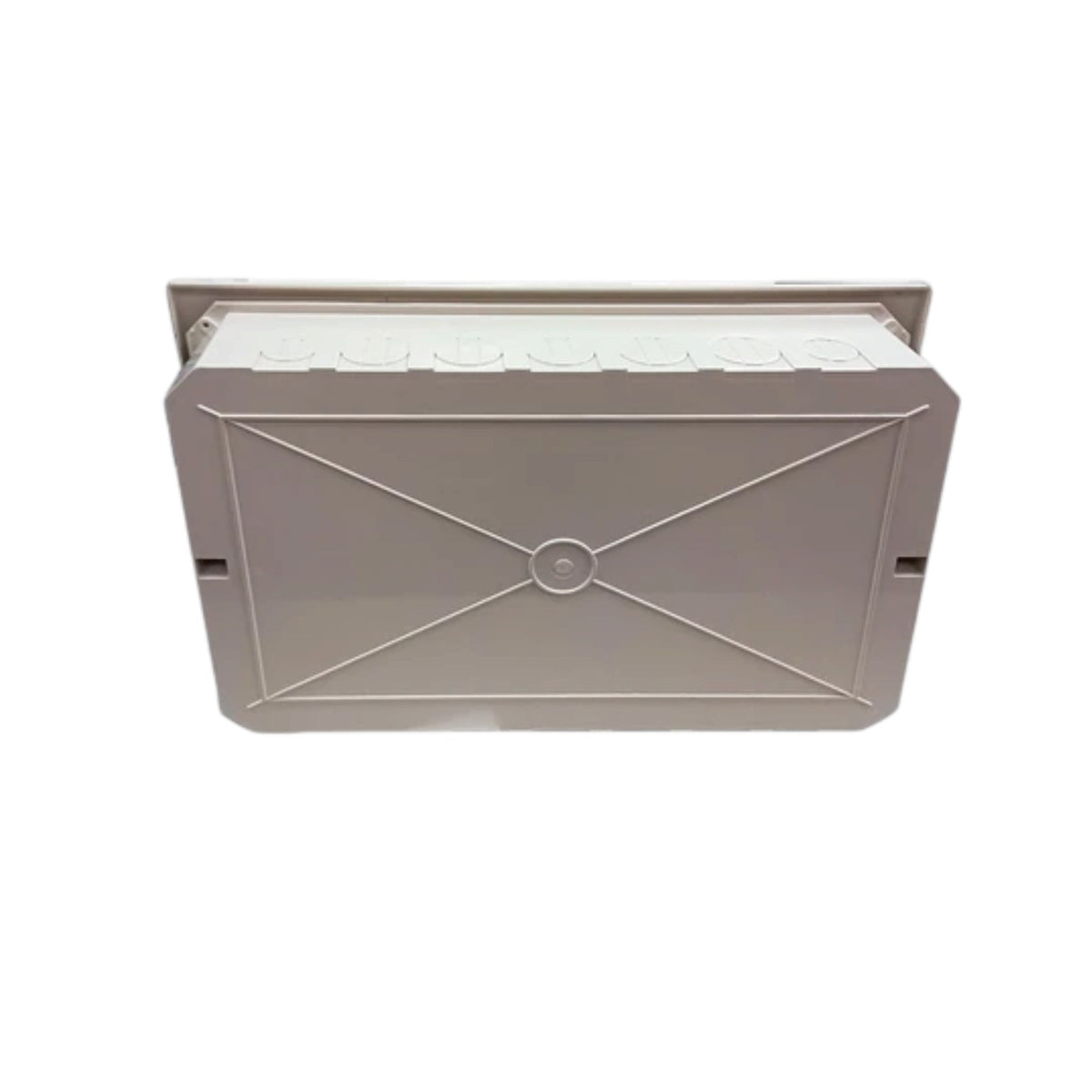 A rectangular plastic storage box with a hinged lid, shown open against a plain white background.