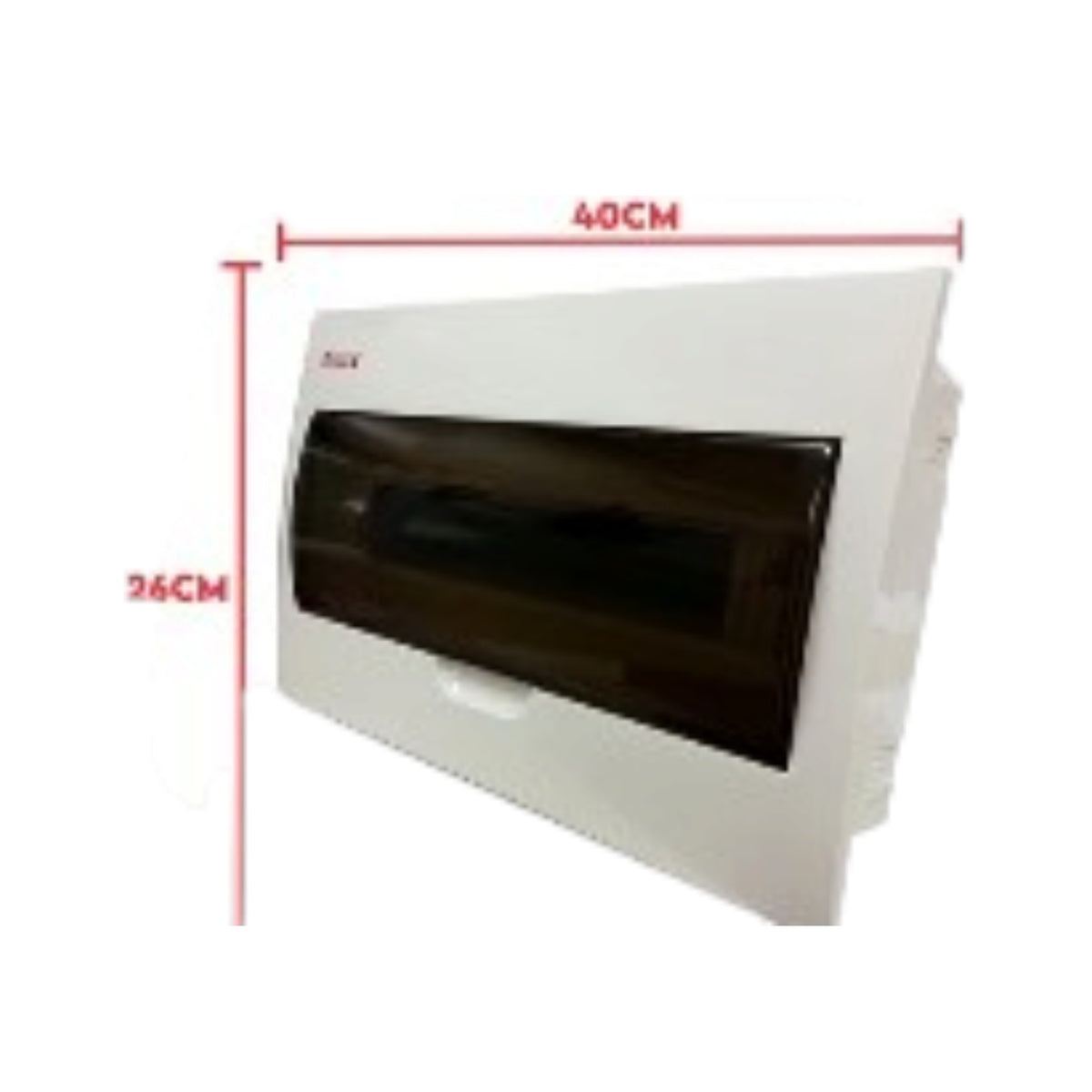 White electrical distribution board with a dark transparent front cover, shown with red dimension lines indicating 40cm width and 26cm height on a white background.