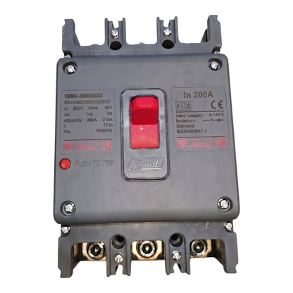 A molded electronic circuit breaker with a gray plastic housing, featuring a red central switch and red text labels, shown on a plain white background.