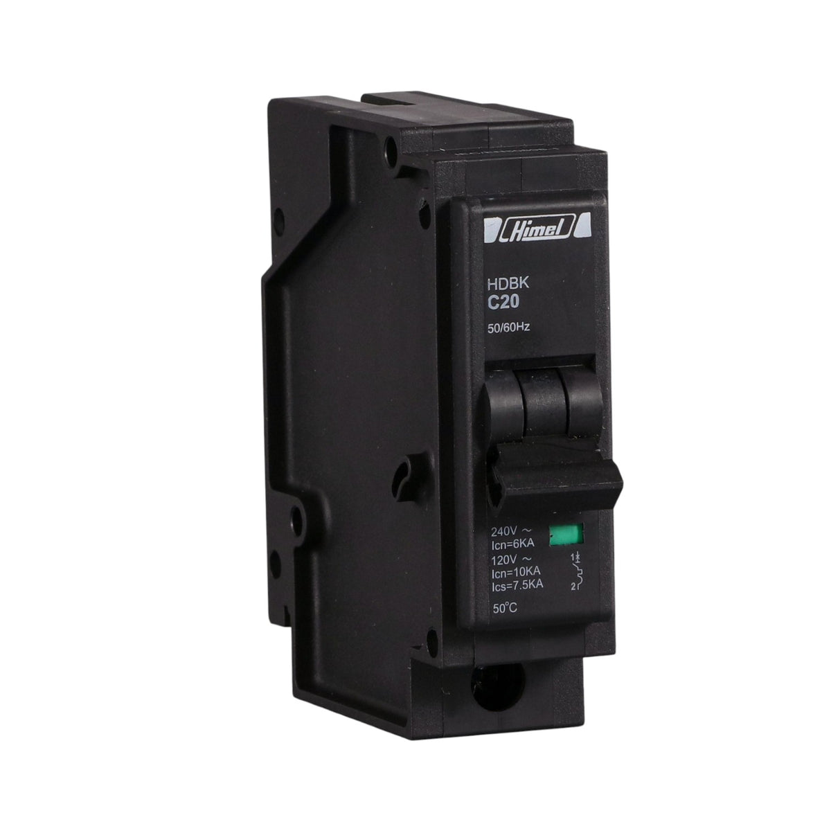 A black Himek HDBK C20 50Hz circuit breaker module shown at a three-quarter angle on a plain white background.