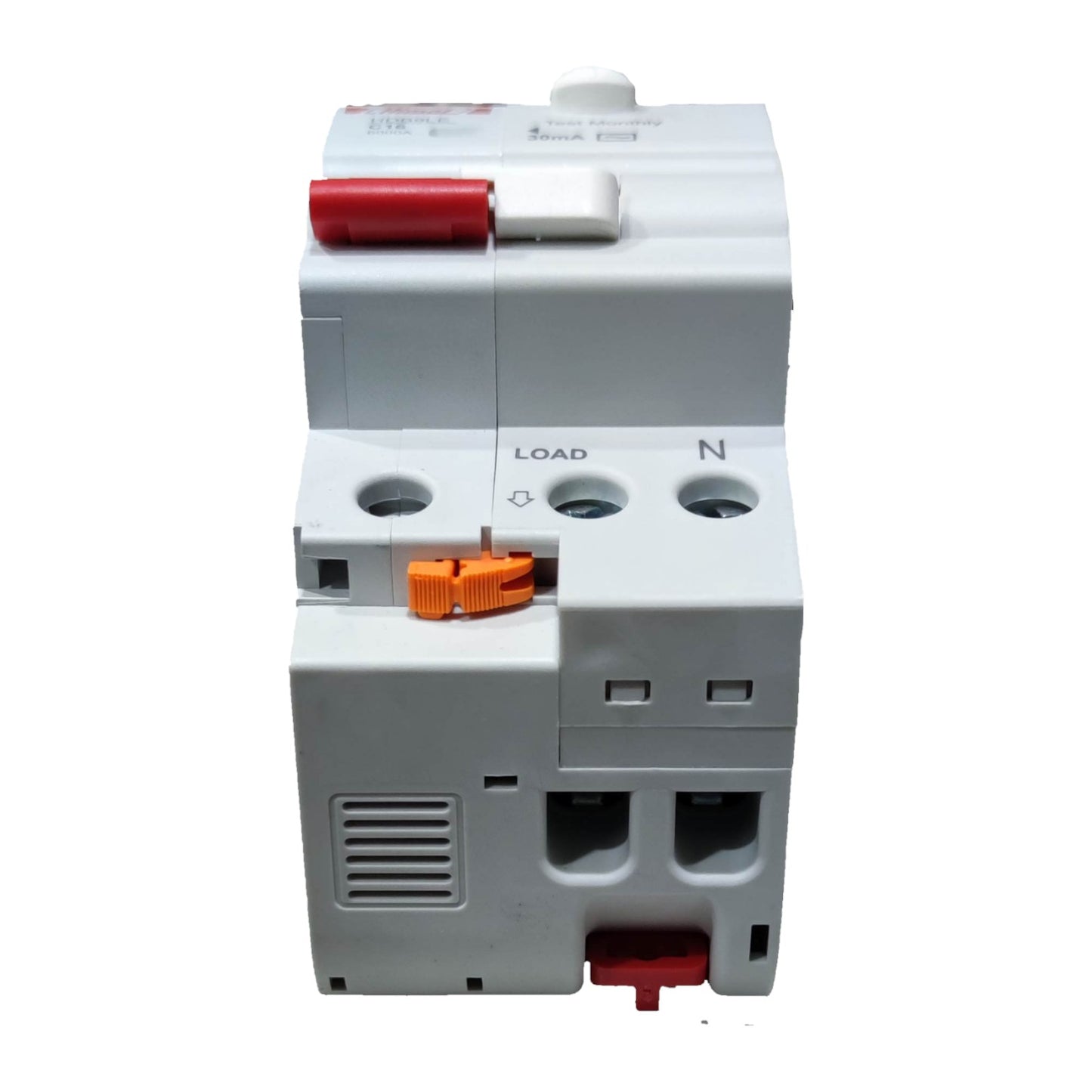 Electrical circuit breaker with red and orange components on a white background