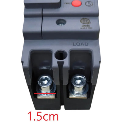 Close-up of a gray electrical terminal block with two metal screw terminals, labeled LOAD, and a red measurement overlay reading 1.5cm.