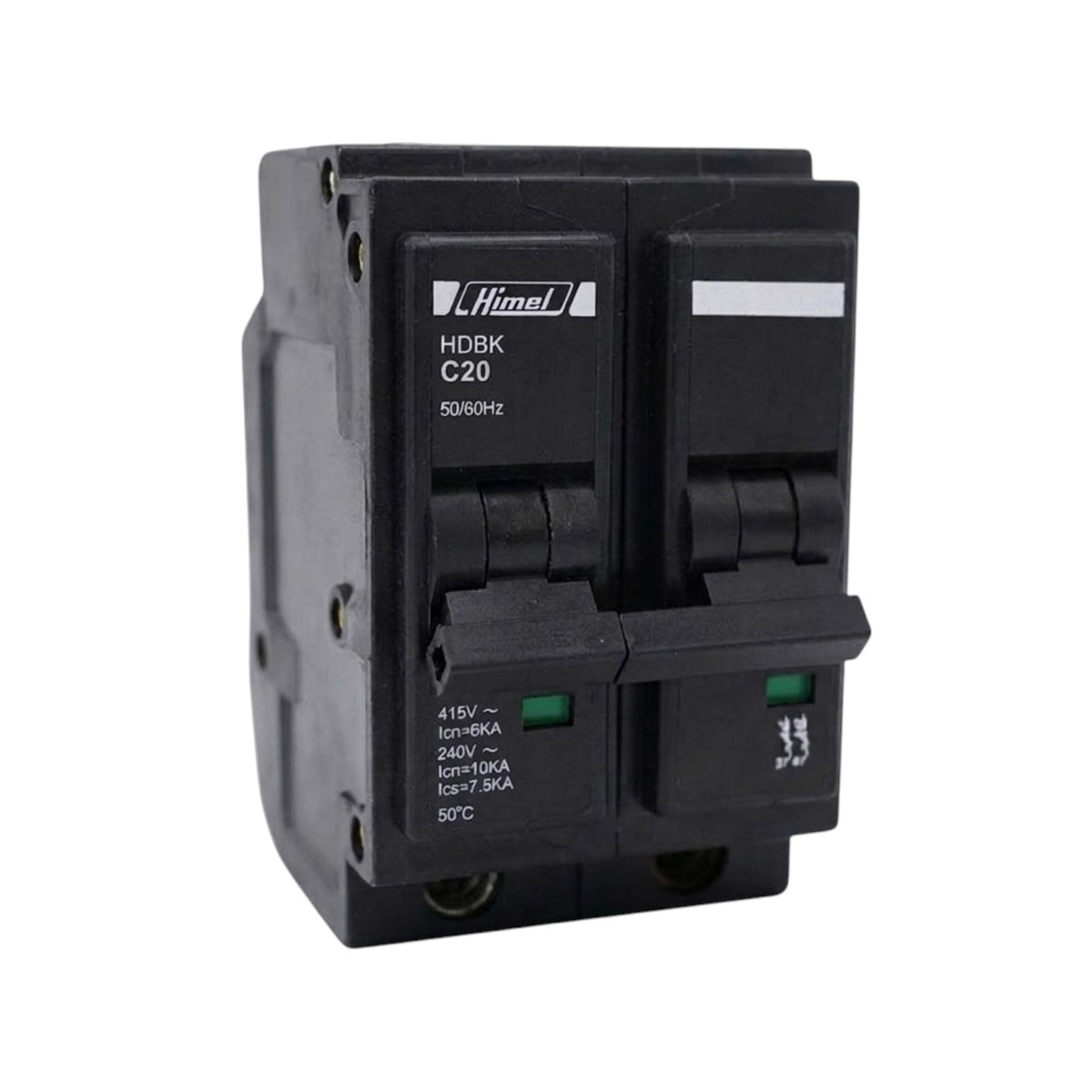 A black Himmel HDBK C20 modular circuit breaker module on a plain white background.