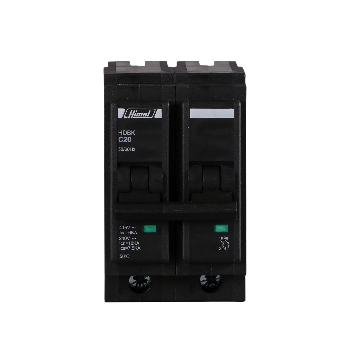 A black double-pole circuit breaker with molded switch handles, featuring the Hima brand logo and technical specifications printed on the front, set against a plain white background.