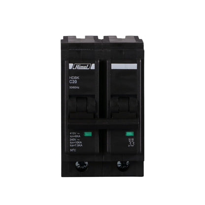 A black double-pole circuit breaker with molded switch handles, featuring the Hima brand logo and technical specifications printed on the front, set against a plain white background.