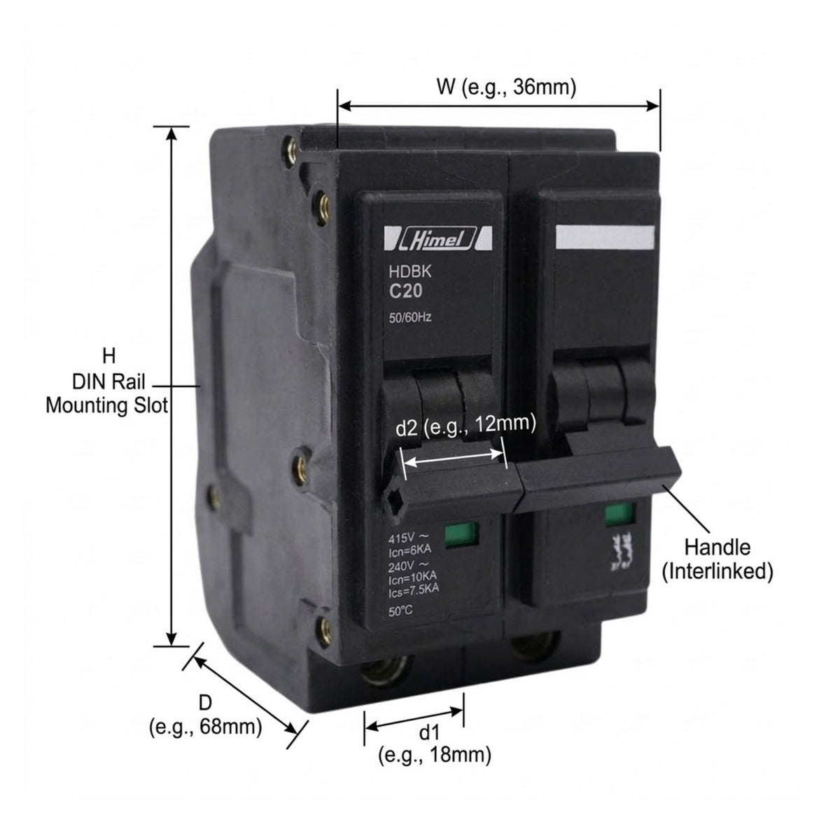 Black Hinkel HDBK C20 modular circuit breaker with dimension annotations showing W, H, D, d1, and d2 measurements on a white background.