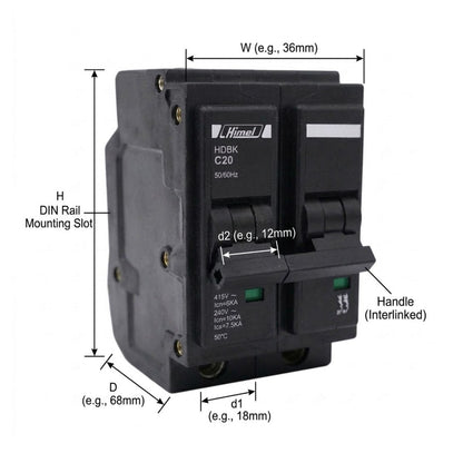 Black Hinkel HDBK C20 modular circuit breaker with dimension annotations showing W, H, D, d1, and d2 measurements on a white background.