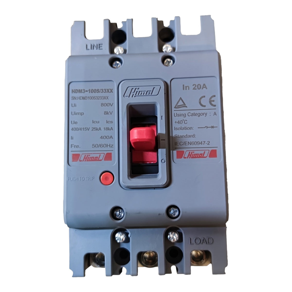 A Himmelfrund electrical contactor with a gray plastic housing, featuring a red central switch and a red auxiliary contact button. The product is shown against a plain white background.