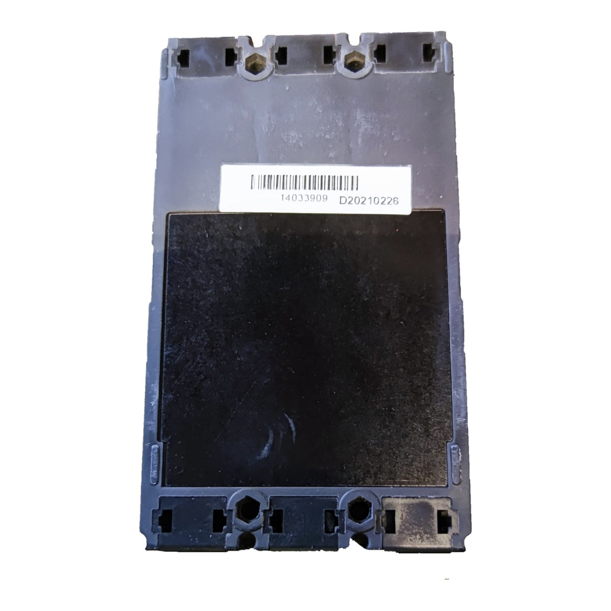 A black plastic replacement housing or frame component with a white barcode label on the front, photographed against a plain white background.