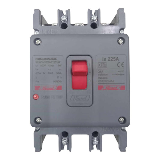 A Schneider Electric HMI3 350N 23XX molded circuit breaker with a gray plastic housing, a red central switch, and red brand markings on a white background.