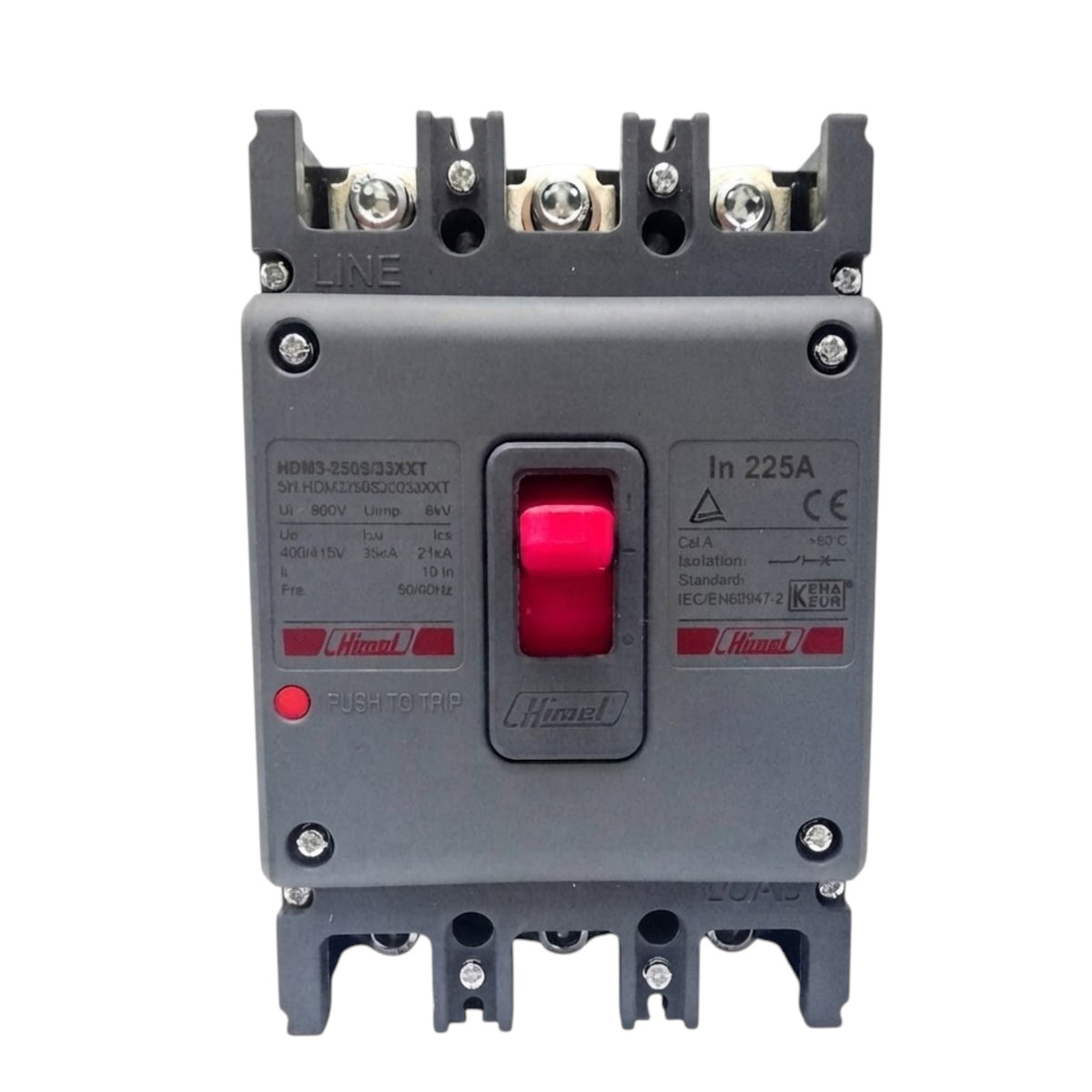 A Himmelfrund electrical contactor with a gray plastic housing, featuring a prominent red central switch and red brand logos on the front panel.