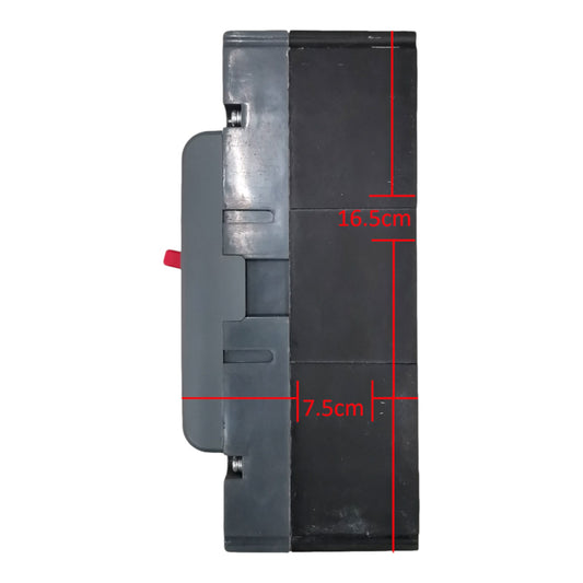 A side view of a black and gray plastic component with red dimension lines indicating measurements of 16.5 cm in height and 7.