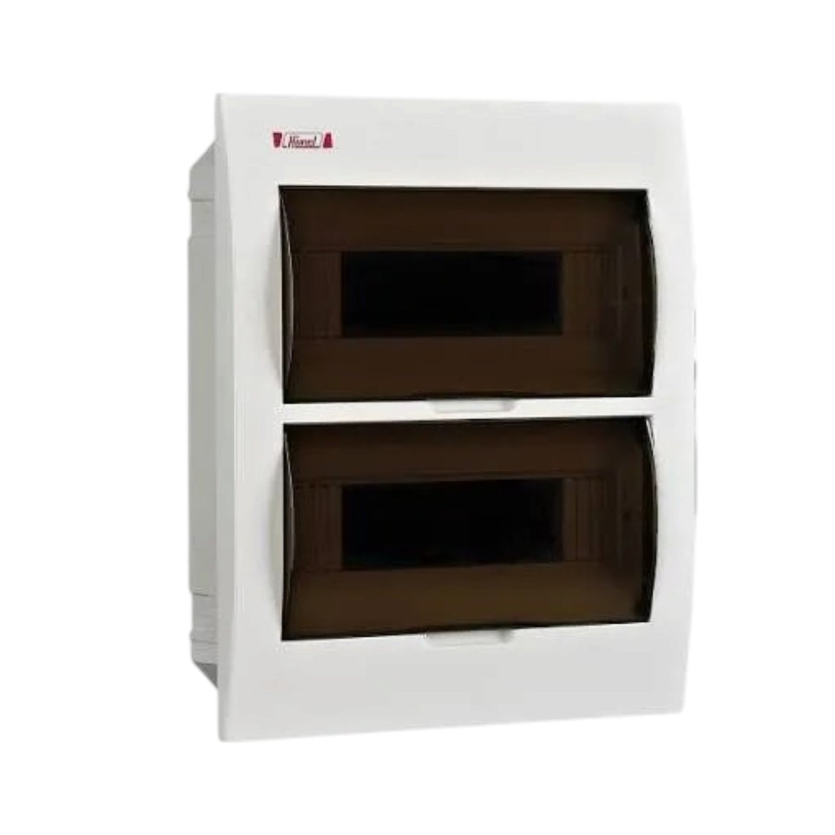 A white wall-mounted double-door storage cabinet with two dark brown translucent doors, shown against a plain white background.