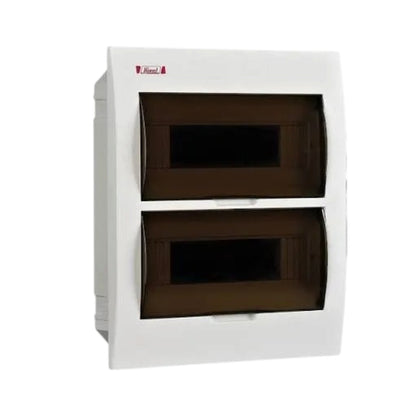 A white wall-mounted double-door storage cabinet with two dark brown translucent doors, shown against a plain white background.