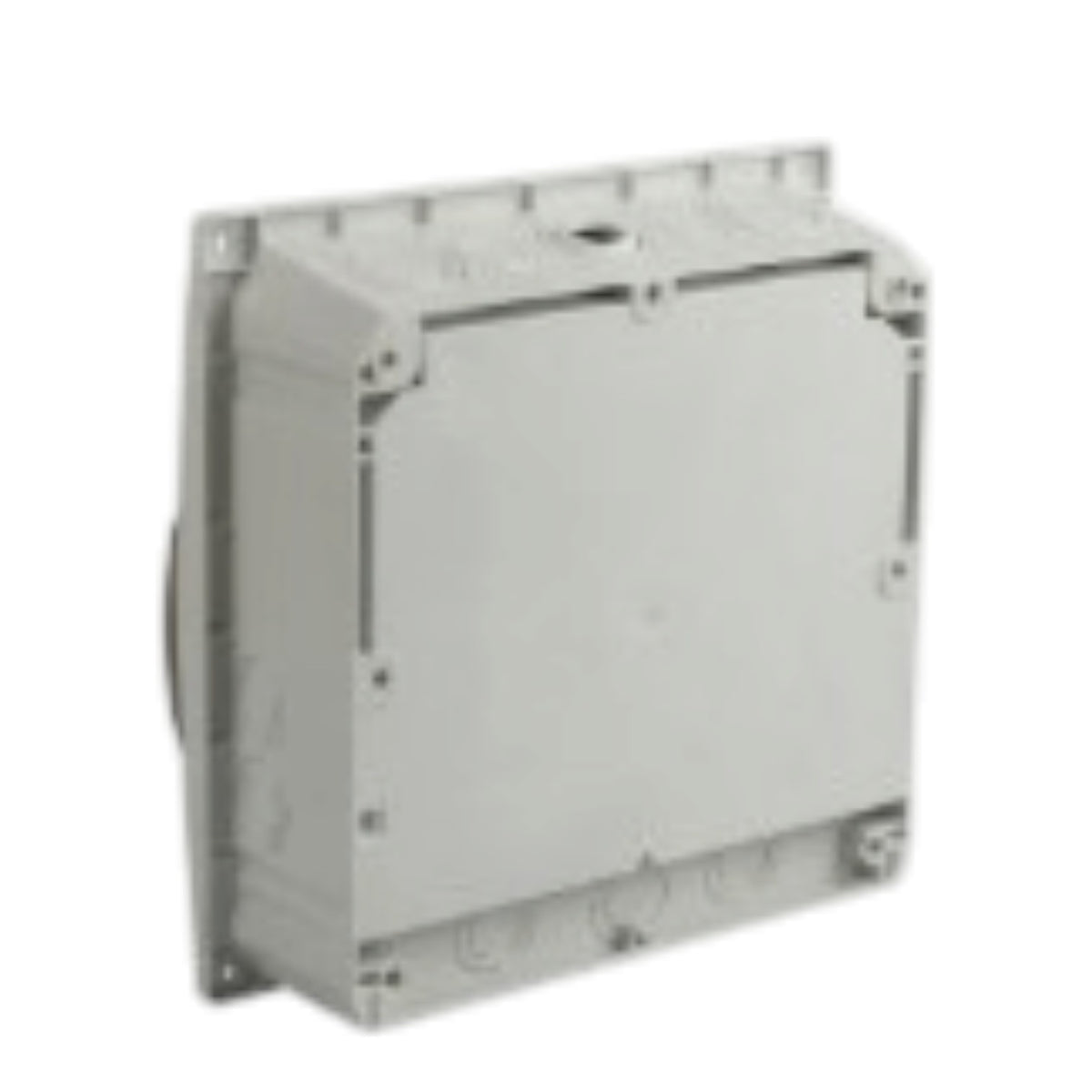 A light gray metal electrical junction box or conduit enclosure shown at an angle on a plain white background.