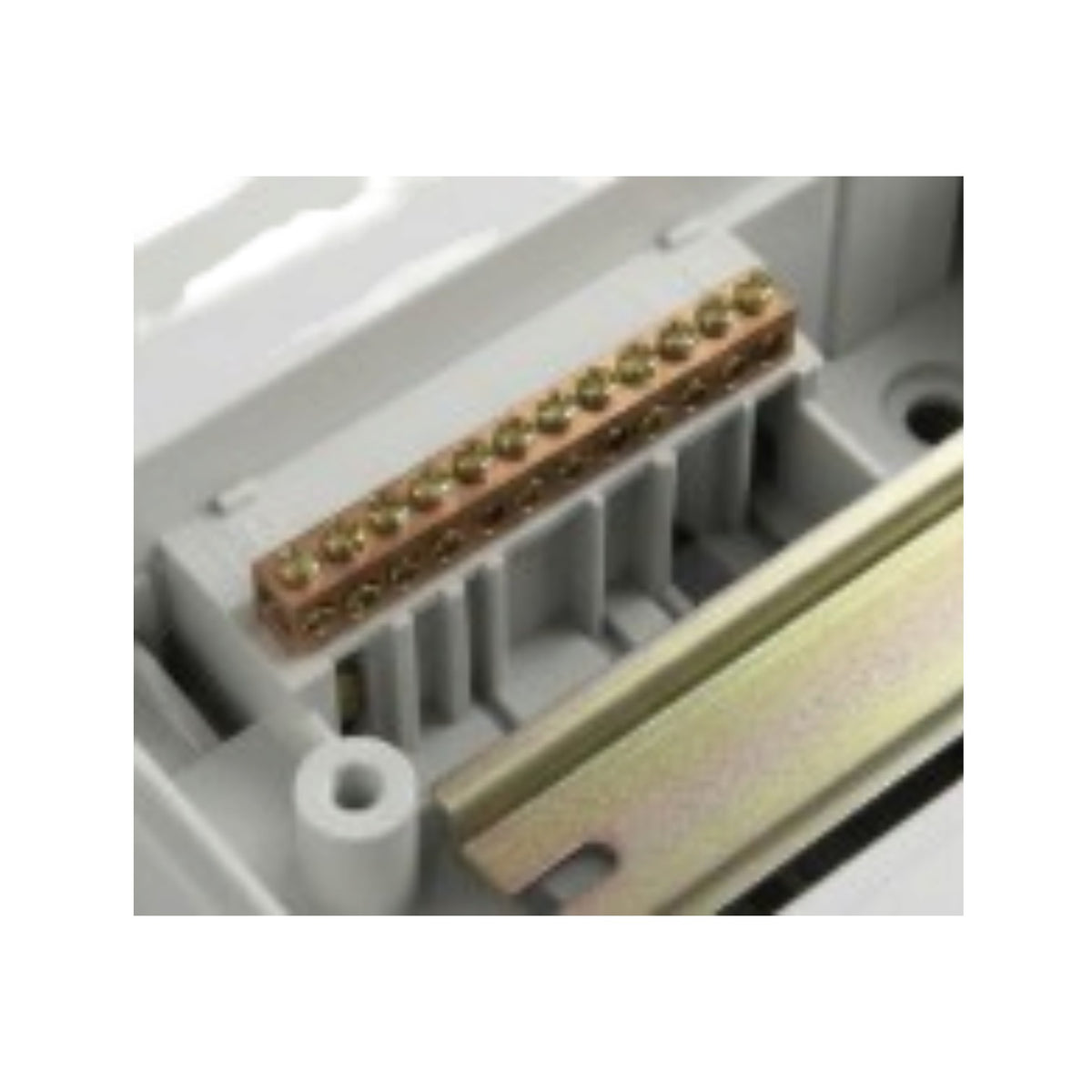 A close-up of a terminal block connector with gold-plated pins mounted on a white plastic housing.