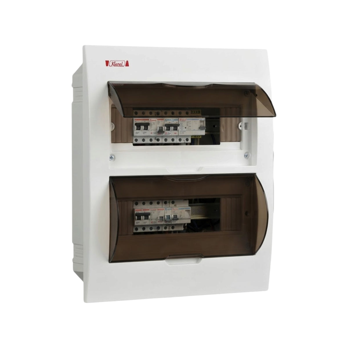 A white double-combo electrical distribution board with two open compartments showing circuit breakers, featuring translucent brown protective covers on a white background.