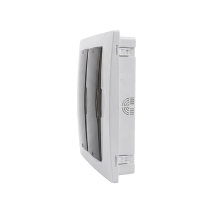 A white plastic wall-mounted electrical outlet cover or switch panel shown from a side profile view against a plain white background.