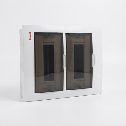 A white electrical distribution board enclosure with two dark-tinted glass doors, shown on a clean white background.