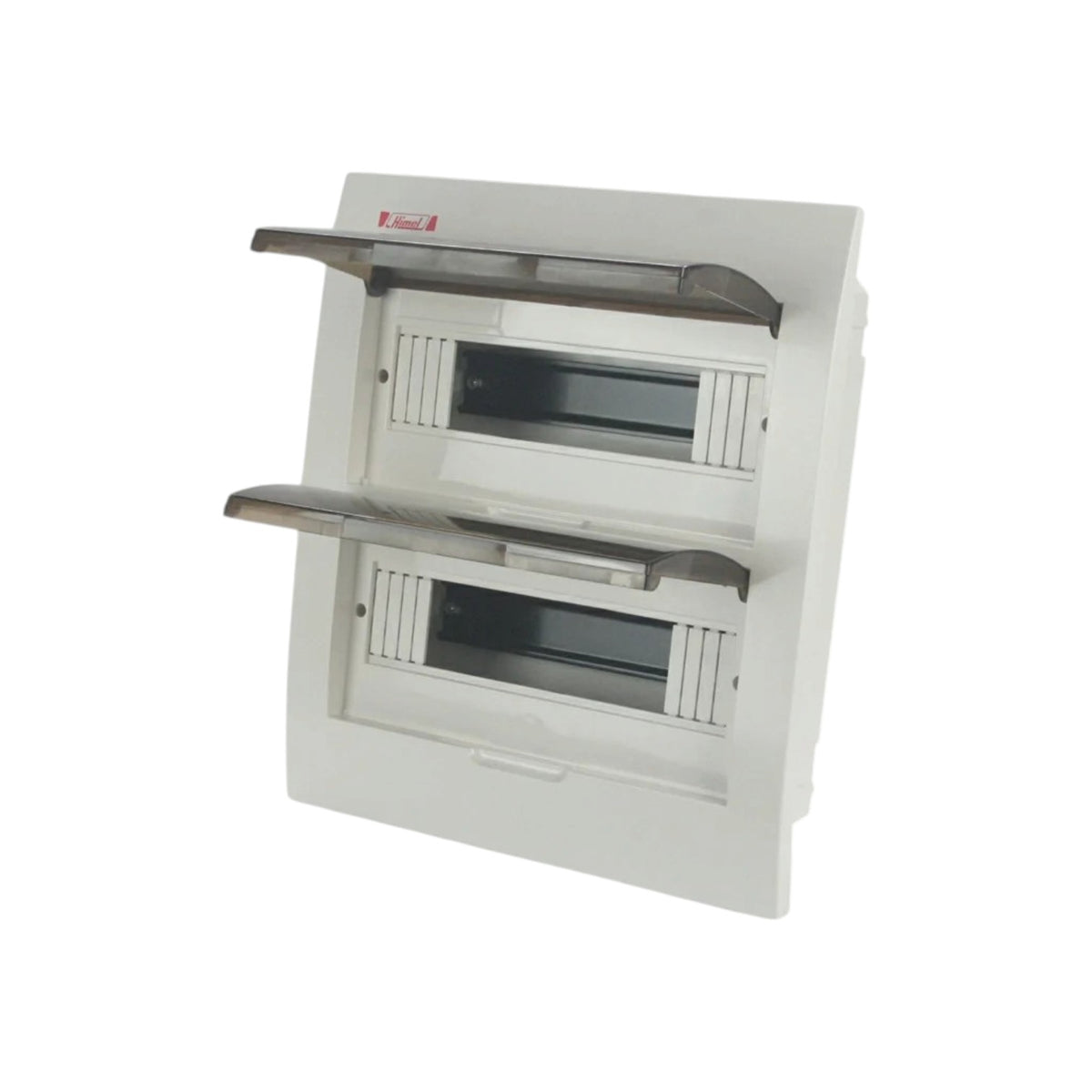 A double electrical meter box with two open compartments, featuring a white plastic casing and dark gray metal meter frames, shown on a plain white background.