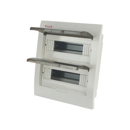 A double electrical meter box with two open compartments, featuring a white plastic casing and dark gray metal meter frames, shown on a plain white background.
