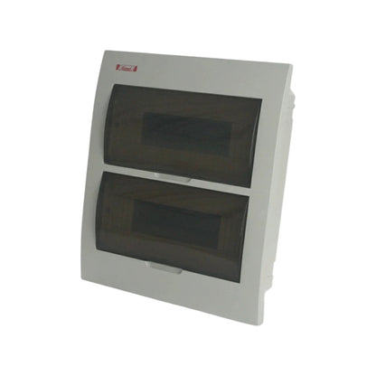 A white double-trip electrical distribution board cover with two dark translucent front doors, shown at an angle on a plain white background.