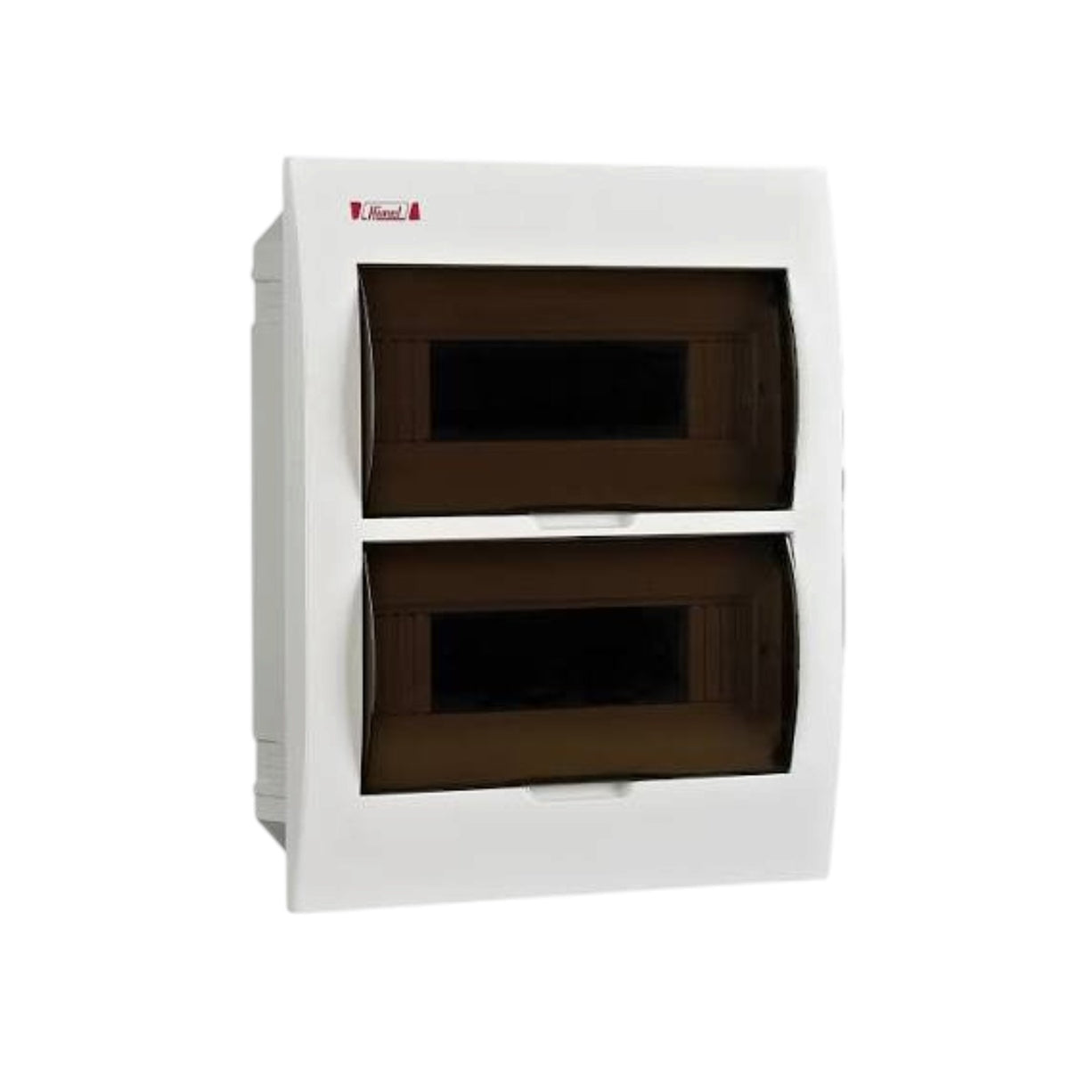 A white double-gang electrical distribution board enclosure with two dark brown compartments, shown against a plain white background.