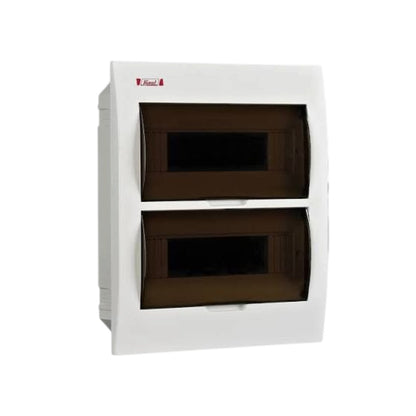 A white double-gang electrical distribution board enclosure with two dark brown compartments, shown against a plain white background.