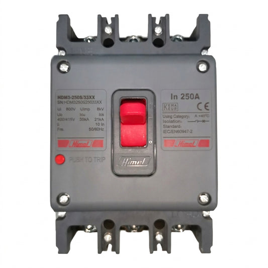 A Himmels electrical contactor with a gray plastic housing, a red central switch, and red and black technical specifications printed on the front, isolated on a white background.